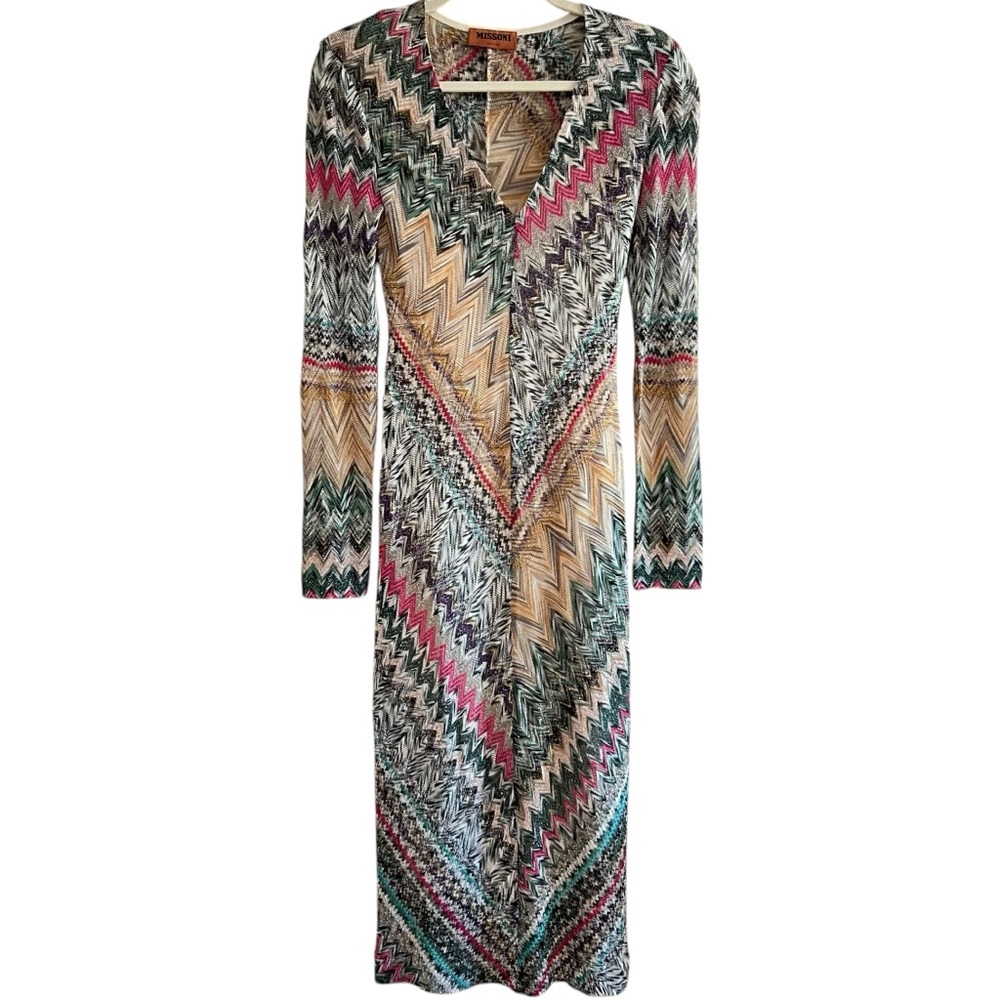 Missoni Multicolor Zig Zag Chevron Metallic Knitted V-Neck Midi Bodycon Dress 4 - Picture 2 of 16